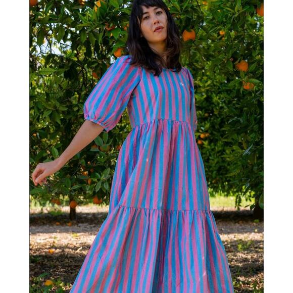 SZ Blockprints Gaia Pink Blue Striped Puff Sleeve Tiered Maxi Dress Size Small - Picture 6 of 11